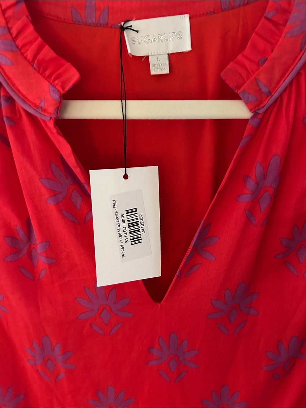Sugar Lips Printed Tiered Maxi Dress Red Purple L NWT - Picture 3 of 3